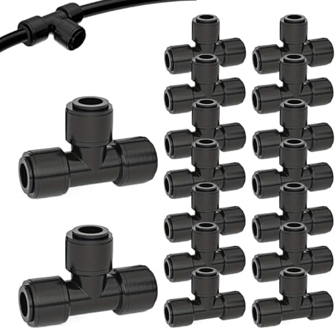 Celuicion Riego por en T de 6 mm – 16 piezas accesorios para de riego por, doble junta con conector de manguera de cierre rápido para riego de frutas, jardineras, césped