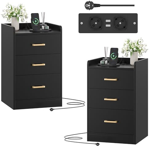 FirFurd Table de Chevet Lot de 2 avec Multiprise, Table de Nuit Noire | Commode 3 tiroirs | 2 prises CA/USB | 66x40x38cm | Bords surélevés | Pratique et esthétique | Pour chambre, bureau, salon