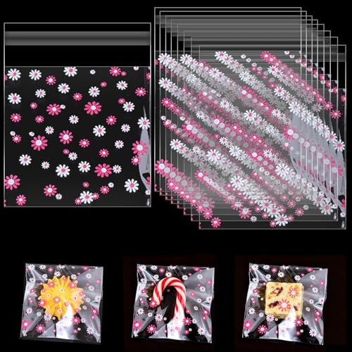 200 PCS Clear Cellophane Bags for Cookies, Cookie Bags with Flower Patterns Small Sweet Bag, Small Sealable Bags Suitable for Packaging Cookies Candies Desserts Snacks(10 X 10cm）