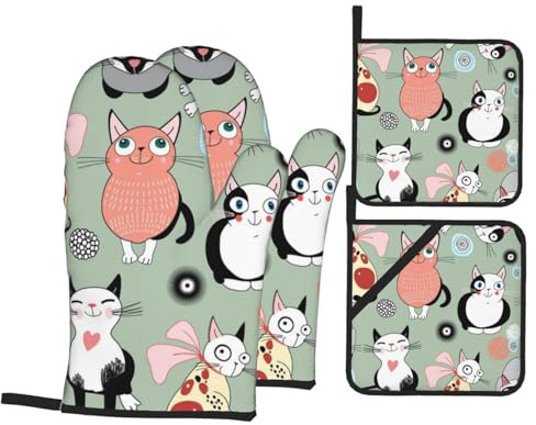 OUYNIEI Ensemble de gants de cuisine réutilisables avec motifs de chats de dessin animé
