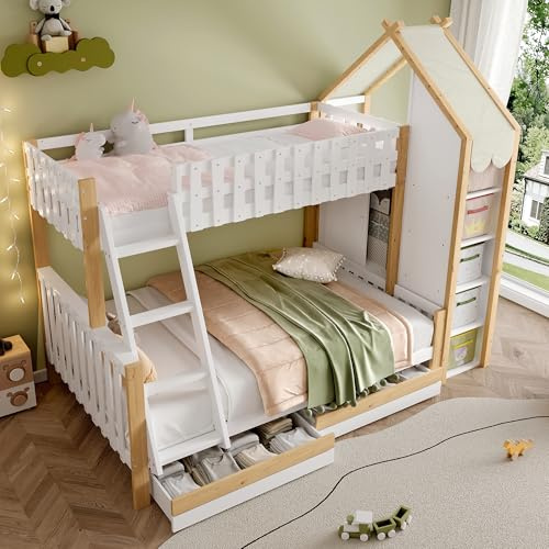 Bladez Litera infantil de 90 x 200 + 140 x 200 cm con diseño de casa y cajones, cama inferior grande, barandilla de seguridad, color blanco natural, sin colchón