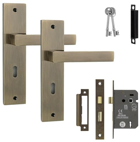 Decoranddecor Lumina Antique Brass Internal Door Handles with Key Lock Kit | Antique brass interior door handles, keyhole backplate and keyed 3 lever mortice sash lock kit - lockable lever set