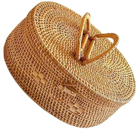 TOYANDONA Cestino Portaoggetti in Rattan Intrecciato Ovale con Manico e Coperchio Scatola Porta Snack per Picnic all’Aperto e Campeggio Contenitore Spazioso in Vimini Naturale per