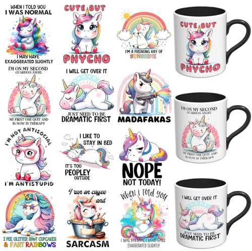 XRTHGS 12 PCS Funny Unicorn quotes Style UV DTF Cup Wrap UV DTF Stickers Suitable for Mugs, Glasses, Notebooks, Computers, Tables and Chairs, etc. for DIY Creativity, High Viscosity Transfer Paper