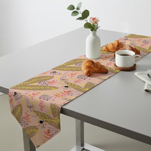 Brown Leaves Pink Plant Black Yellow Dot Table Runner Table Turner for Dining Toile Runner Spring Decoration Spring Floral Theme Decor for Home Kitchen Dining Holiday Decor 14 × 108 inch