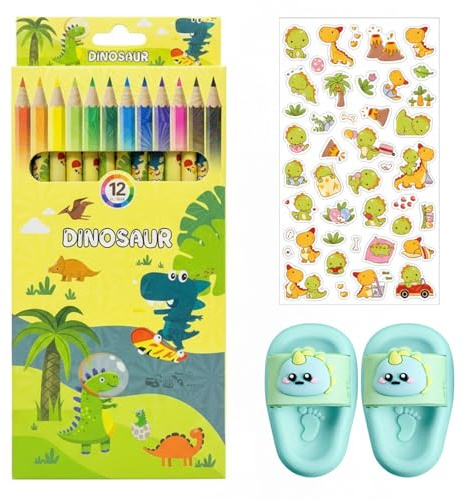 Nurila 12 Stück Buntstifte, Buntstifte Kinder mit Radiergummi und Sticker, Holzstifte, Farbstifte für Färbung, Zeichnen, Skizzieren, Kinder, Erwachsene (Dinosaurier-Thema)