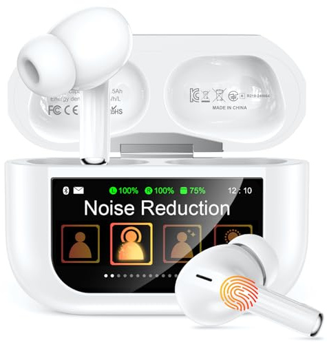 ZZU Wireless Earbuds, Bluetooth Ear Buds 5.4 with Smart Touch Screen, ENC Noise Cancelling Headphones with 48H Playtime, HiFi Stereo Sound, 5 EQ Modes, Lightweight Earphones for iPhone/Android–Pearl