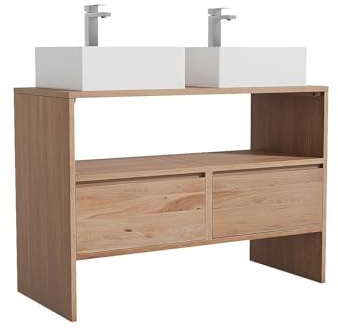 Vente-unique-Mueble de baÒo de Roble Macizo con Lavabo Cuadrado sobre encimera y Grifo - Natural Claro - 110 cm - CAVIZO