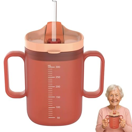 UxuoQxa Schnabeltasse Senioren mit Griff, 300ml Trinkbecher mit Deckel und Strohhalm, Auslaufsicherer Schnabelbecher für ältere Menschen mit Schluckbeschwerden, Ideal für Pflege und Reisen
