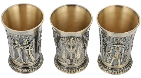 JEWEDECO Vasos de Licor Vintage Egipcios de Metal 3 Piezas Juego de Copas de Cóctel Únicas Tótem Egipcio Antiguo Color Bronce para Bar Hogar y Entretenimiento
