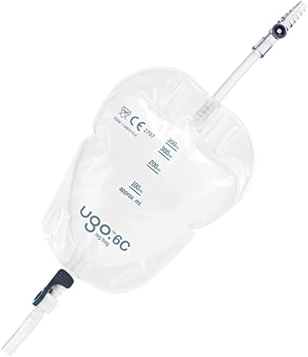 Ugo Sacche Gamba per Urina (x10) – Borsa per il drenaggio delle urine/per catetere, design naturale ergonomico (Pacchetto da 10) (Ugo 6C - 350ml, Tubo Corto, Rubinetto A Leva)