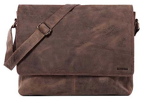 LEABAGS Bolso para Hombres y Mujeres | Bolsa de Portátil 15 | Cuero Genuino | Bolso Bandolera con Correa para el Hombro | Bolsa Mensajera | Bolsa de Trabajo | Bolsa de Maestro | Vintage gris-marrón