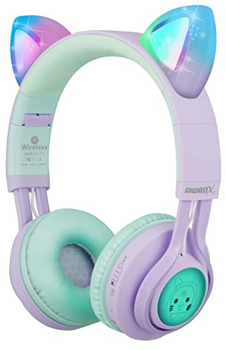 Riwbox Kids Wireless Headphones, CT-7S Cat Ear Bluetooth, 85dB Volume Limiting, LED Light Up Over Ear with Microphone for Laptop/PC/TV (Purple&Green)