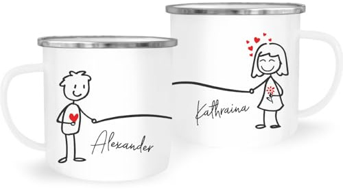 SpecialMe® Emaille-Tasse mit Namen Liebes-Paar Strichmännchen Motiv personalisierbar Liebesgeschenke Valentinstag Weihnachten (1 Tasse) Weiss-metall Emailletasse
