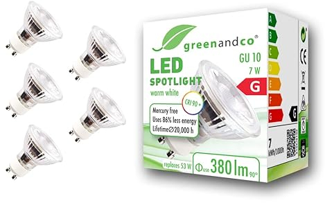 greenandco 5x GU10 LED Spot | 7W 380 lm | 2700K warmweiß | 36° | 230V | CRI 97+ | flimmerfrei | nicht dimmbar