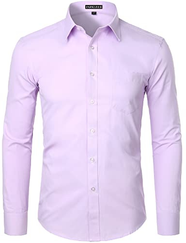 PARKLEES Men's Long Sleeve Dress Shirt Solid Slim Fit Casual Business Formal Button Up Shirts with Pocket Lavender M
