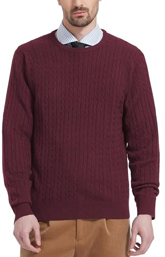 Kallspin Men's Cable Knit Crewneck Sweater Pullovers Wool Blend Relax Fit Knitwear (Burgundy, Medium)