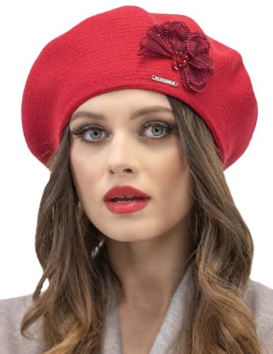 VIVISENCE Baskenmütze Winter Damen Mit Klassischem Schnitt Elegante Mütze Mit Wärmendem Garn Mit Wollzusatz Wintermütze Für Frauen Blumenapplikation Perfekte Anpassung Modell 7036