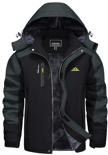 KEFITEVD Vinterjacka herr skidjacka vattentät varm fodrad utomhusjacka med avtagbar huva softshell vinter fleecejacka, Svart grå, S