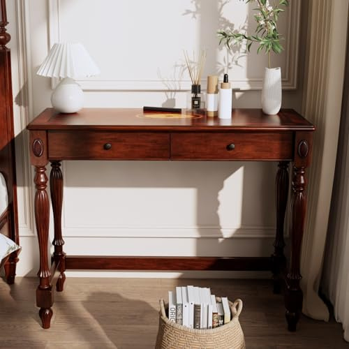 Solid Wood Computer Writing Desk with 2 Storage Drawers, Traditional Vanity Dressing Table, Small Home Office Desk, Corner Table, Easy Assembly 39.37” x 15.74” x 30.9” Cherry Red Walnut SSZ1533WD