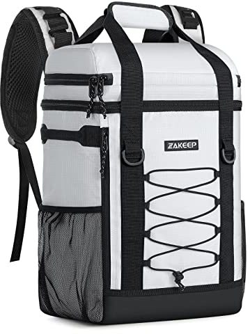 ZAKEEP Kühlrucksack, 36 Dosen multifunktionaler auslaufsicherer Kühlrucksack mit gepolstertem Griff Oben, Netztasche für Camping BBQ (weiß)