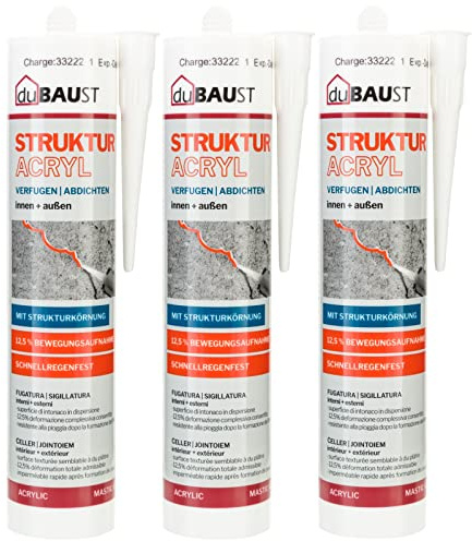 Dubaust PAC24 - Sellador acrílico para limpieza (3 unidades, 12,5 % absorción de movimiento, estructura granular, para yeso, grietas, masilla, interior y exterior, 310 ml), color blanco