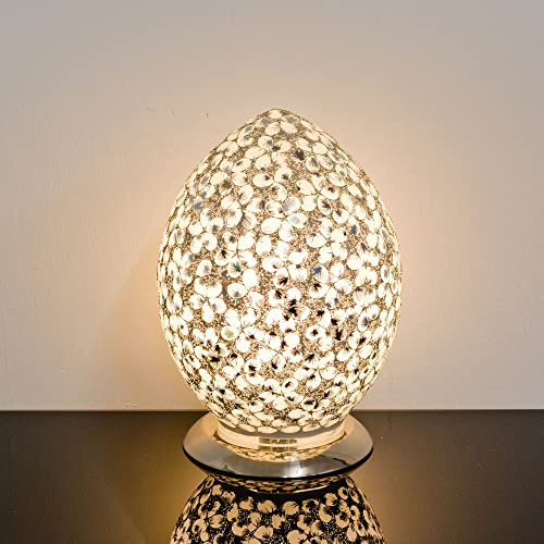Design By Pepper Tile Glass Crackle Table Light Mosaic Egg Lamp with Chrome Base for Bedroom Kitchen and Lounge (White Flower)