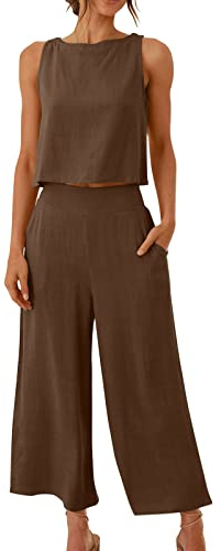 AMhomely Linen Trousers Suits Womens 2 Piece Work Suits Sleeveless Vest Tops Matching Wide Legs Trousers Sets Back Button Unique Outfits Summer Casual Sets Ladies Vacation Outfits Coffee L