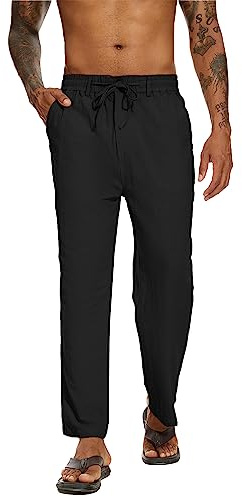 YAOBAOLE Pantalon Lin Homme Eté Pantalon Yoga Homme Noir Lin Large Coton Placket Zipper Noir XL
