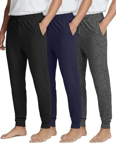 Real Essentials 3 Pack: Men's Soft Lounge Sleep Joggers - Pajama Pants Drawstring & Pockets - Set 4, M