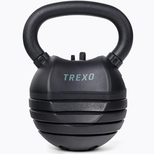 TREXO Kettlebell Verstellbar, Kugelhantel | Verstellbarer Gewichtsbereich 4/7/9/11/14 kg | Gusseisen für Vielseitige Übungen, Crossfit | Dumbbell, Profi-Kugelhantel, Kettle Bell | Schwarz