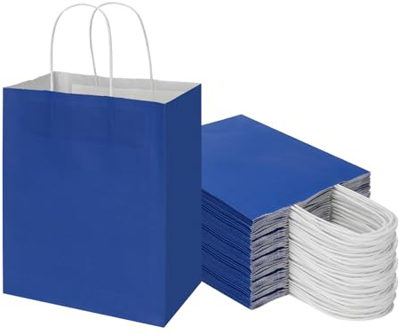 Toovip Papiertüten mit Griffen, 20,3 x 12,9 x 25,4 cm, mittelgroß, königsblau, 50 Stück