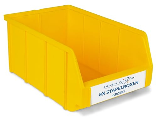 HMH Stapelboxen der Größe L 335x209x152mm für dein Kleinteilelager, Sortierkisten in 5 Farben, Zubehör wie Deckel Trennsteg Beschriftungsfach Wandschiene (Gelb, 8 Stück)