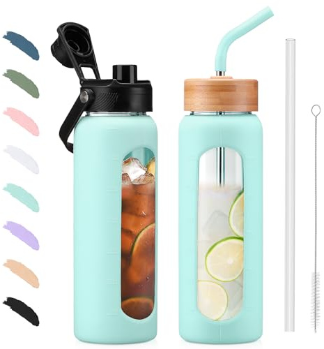 BLUEGO 700ml Glaswasserflasche mit Strohhalm und 2 Deckeln Kaffeetasse aus Glas mit Zeitmarkierung und Silikonschutz Glasbecher für Getränke Soda Cola BPA-frei, Dunkelblau