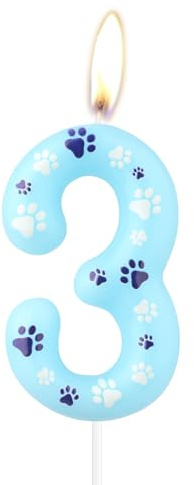 Geburtstagskerzen, Motiv: blaue Hundepfote, Geburtstagskerzen, 3. Geburtstag, Kuchenaufsatz für Jungen, Mädchen, Geburtstagsdekoration, Hunde-Haustier-Partyzubehör