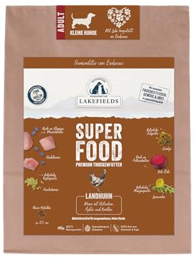 Lakefields SUPERFOOD | Premium Hundefutter trocken | 61% Huhn | 4 x 1kg | Getreidefreies Hundefutter für kleine Hunde | Mit Hagebutte, Heidelbeeren & Roter Beete | Von Tierärzten entwickelt