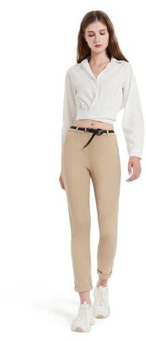 GLOWELFA Pantalon Femme Taille Haute Chic et Élégant Coupe Cigarette Ajustée pour Le Travail et Le Bureau(07121,XL,Kaki)