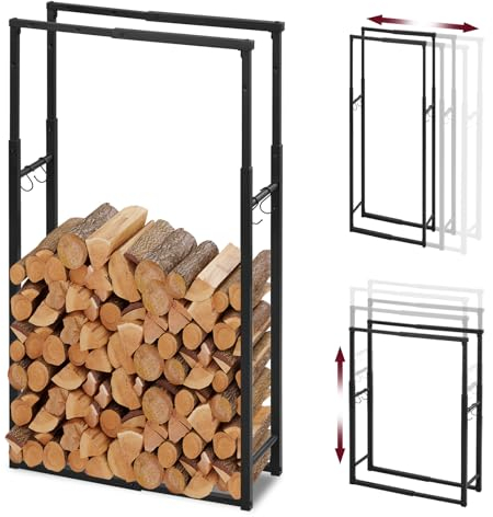 Laneetal Kaminholzregal Metall, 9 Größen einstellbar, Brennholzregal Feuerholzregal Holzlager, mit 4 Haken, für innen und außen, 100 kg belastbar, Schwarz