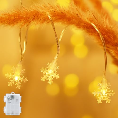 FFZZKJ Lichterkette Weihnachten Timer Schneeflocke Lichterkette Batterie Außen Innen Wasserdicht für Weihnachtsdeko, 3M 20LED, Warmweiß
