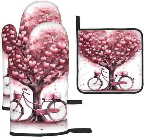 YYHWHJDE Set di 3 guanti da forno e presine per isolamento termico antiscottatura, per festa della mamma, San Valentino, romantico, motivo albero e bici