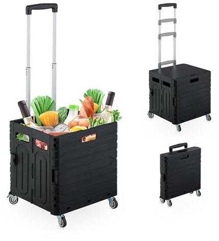 Relaxdays Einkaufstrolley, klappbar, Einkaufskorb mit Rollen, Deckel & Teleskopgriff, bis 35 kg, Klapptrolley, schwarz
