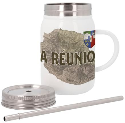 Mug Isotherme en Inox avec Couvercle et Paille - La Réunion 974 Ile Departement Carte Ancienne France - 500 ml - Tasse Thermo
