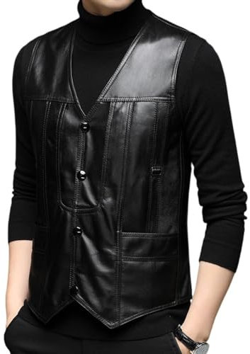 Premium Lederweste für Herren, V-Ausschnitt, Button-Down-Weste aus Schaffell, ärmellos, mit Taschen