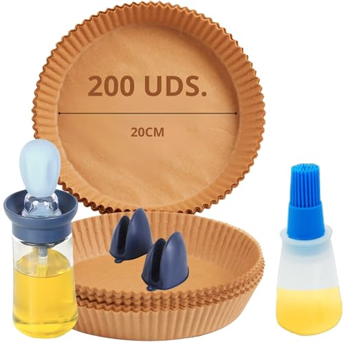 MyPicompany - Papel para Freidora de Aire 20cm, 200 Piezas + 2 Aceiteras con Brocha + Guantes de Silicona - Antiadherente