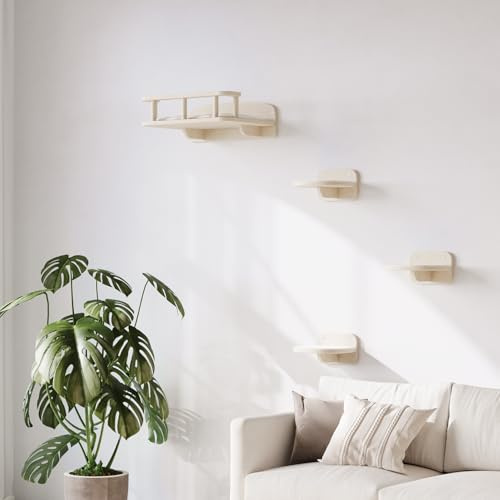 MeowHomm Kletterwand Katzen, Holz Katze Regal mit 3 Schritten, rutschfeste Wandmöbel für Kätzchen