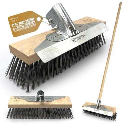 12 Inches Heavy Duty Wire Broom with Metal Scraper and Long Wooden Handle - Yard Brush Garden Outdoor Broom Sweeping Brush Patio & Paving Scrubbing Deck Floor Brush
