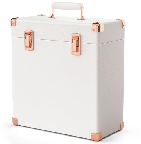 Vinyl Record Storage Box, Waterproof and Dustproof PU Leather Record Crate, Holds 45 LPs with Velvet Lining, Portable Vinyls Records Album Storage Boxes, Metal Corner Durable Vinyl Record Box