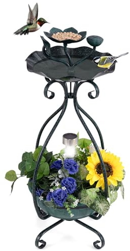 GYMAX Vogeltränke stehend, Vogelbecken mit Solarleuchte, Vogelbad Garten stehend mit Blumenkübel & befüllbarem Ständer, Vogelfutterstelle, Futterstation für Balkon & Garten, Nr. 5 Bronze