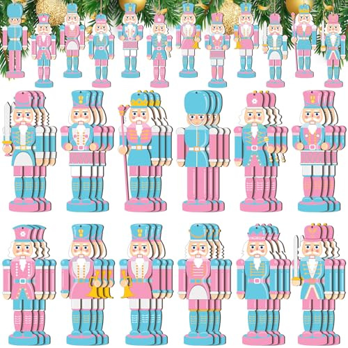 Qunclay 36 Pcs Christmas Nutcracker Ornaments Wood Hanging Miniature Nutcrackers Figures Traditional Holiday Crackers Christmas Tree Ornament for Xmas Holiday Party Decoration (Pink, Blue,Pastel)