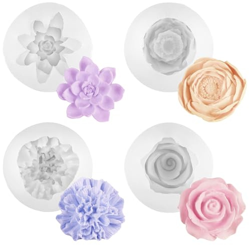 4 Stück Kerzen Silikonformen, Silikonform Blumen 3D Silikon Formen | Rose Nelke Pfingstrose Lotus Silikonformen Gießformen zum Gießen DIY Kerze, Haus Dekoration, Kuchen Dekoration